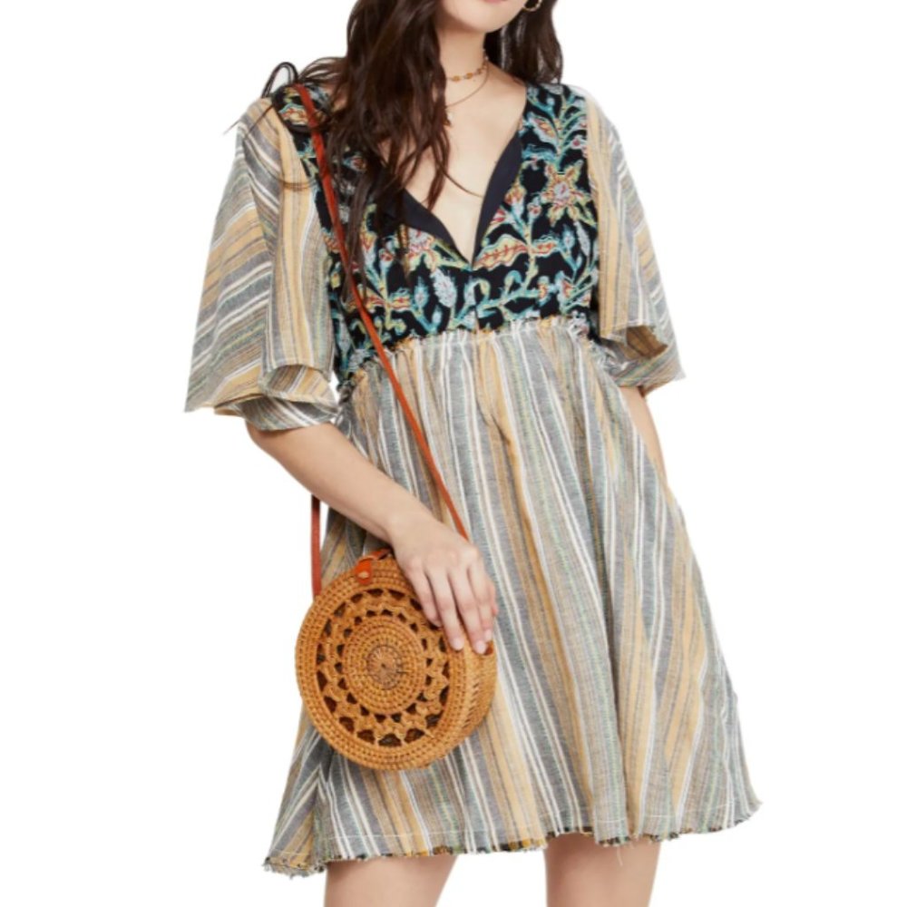 Free People Striped Embroidered V-Neck Mini Dress in Blue, Yellow, Tan
